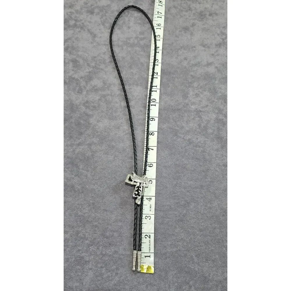 Old Country Western Silver & Black Saddle Leather Bolo Neck Tie Made In USA
